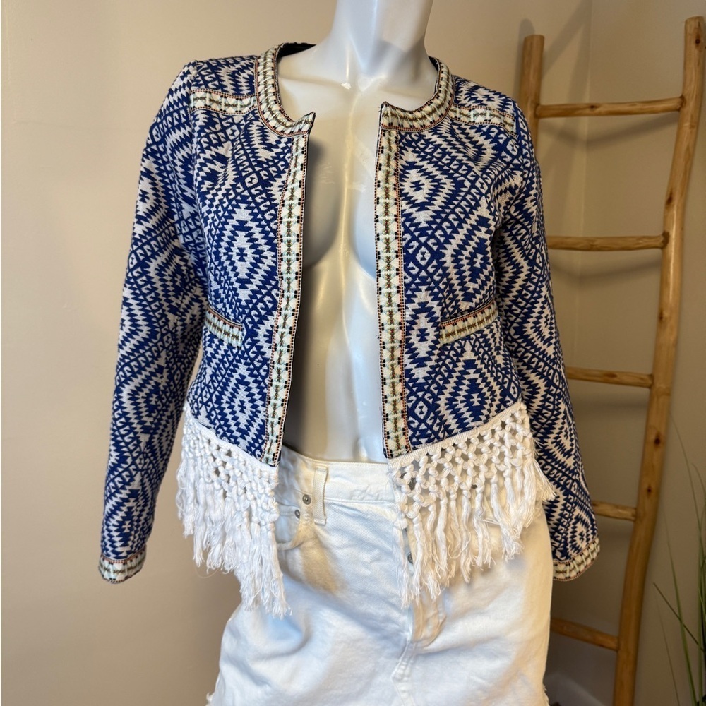 Lovemystyle Blue And White Aztec Print Jacket With Tasselled Hem UK 10 US 6 NWOT - Picture 4 of 7